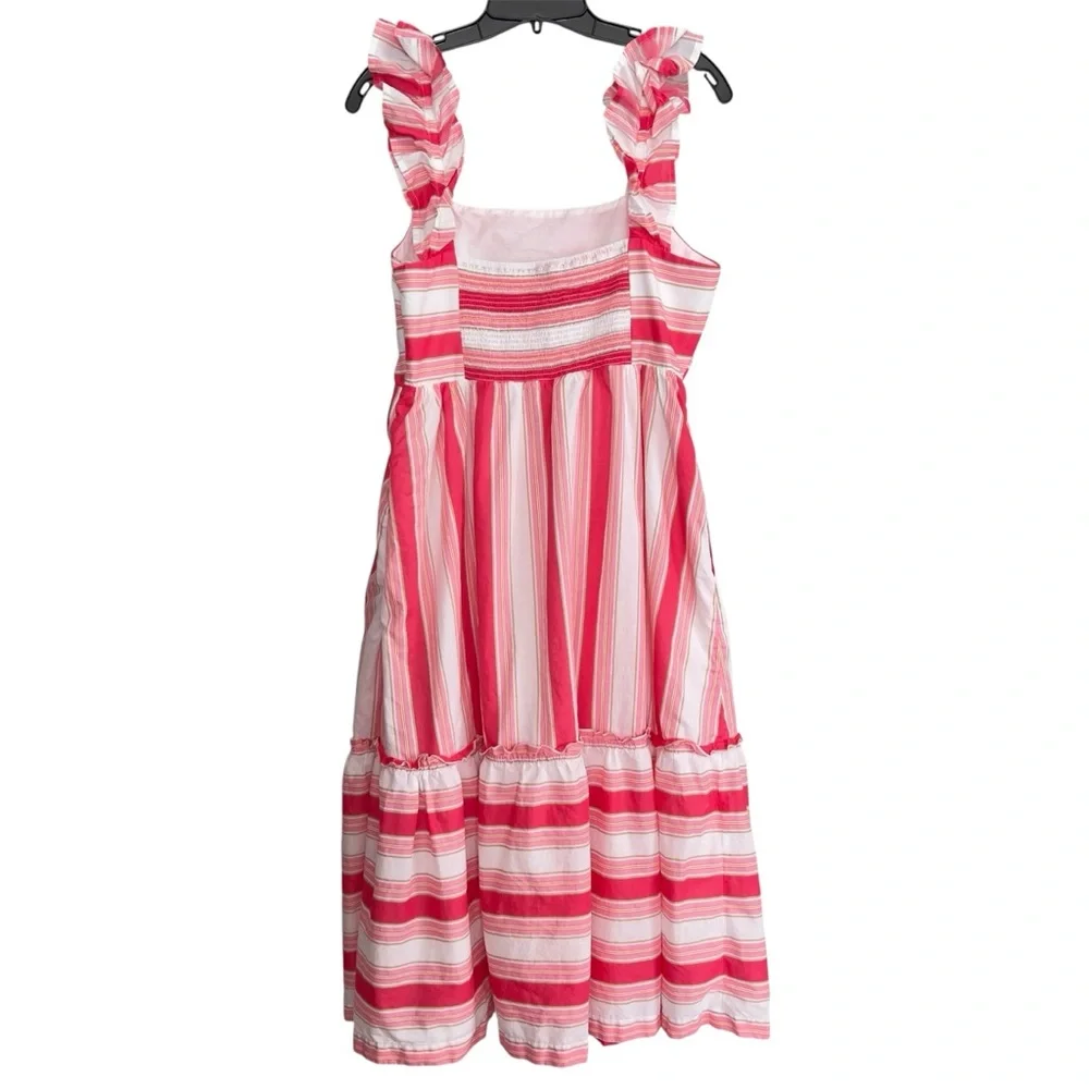 J. Crew Factory Pink White Striped Ruffle Feminine Midi Dress Women’s 12 Petite - Picture 2 of 13